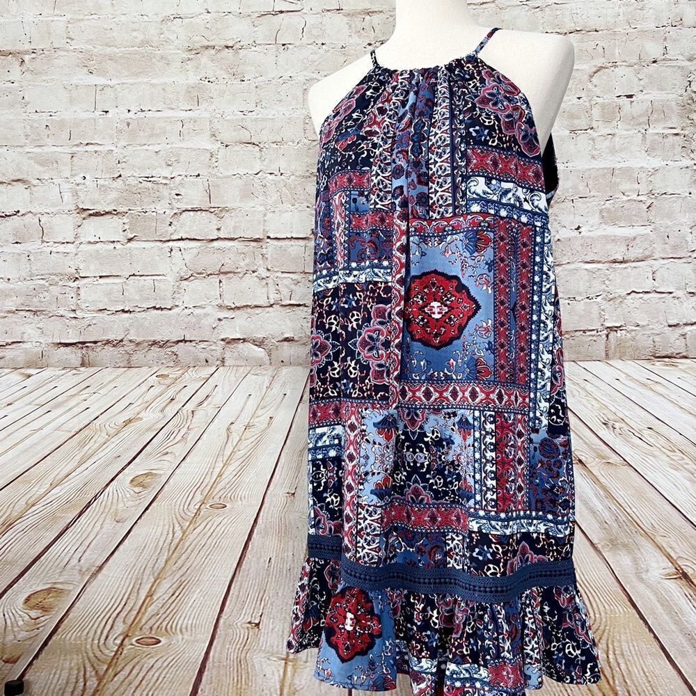 Allison Joy sleeveless chiffon shift dress tassel crochet